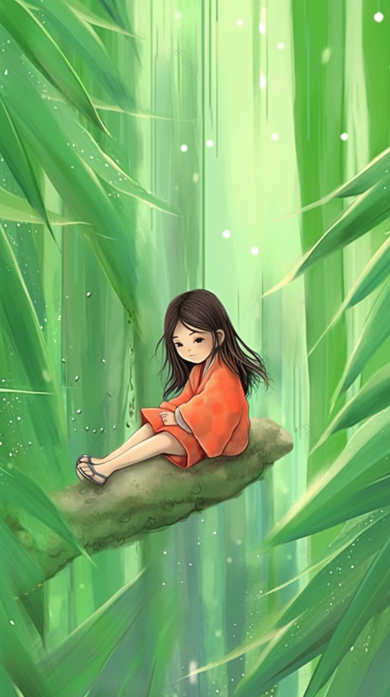 小女孩坐在竹叶上观望着风景创意儿童插画设计背景,插画/手绘图,插画/手绘图库,插画/手绘图下载,插画/手绘
